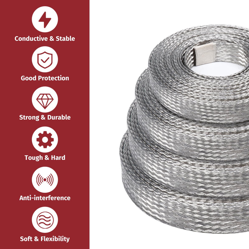 Tinned Copper Metal Braid Sleeving Wire Shielding Sleeve Braided Copper Ground Straps EMI/RFI Interference Expandable Flat Mesh Shielding Cable for Protect Wire (1/2inch-22ft) 1/2inch-22ft