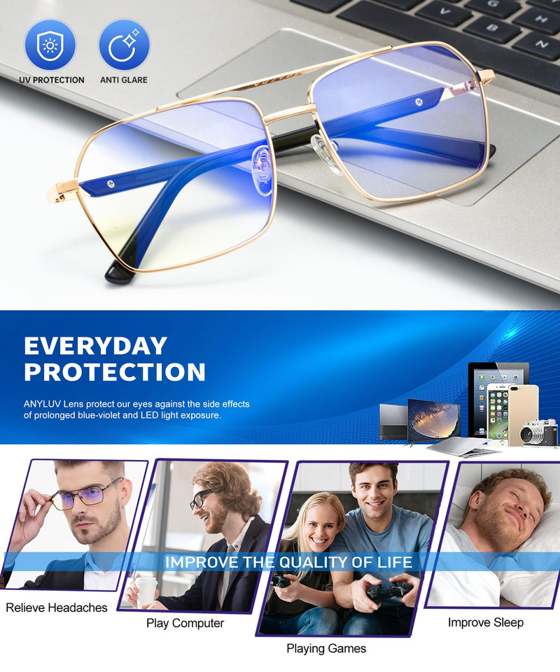 ANYLUV Blue-Light-Glasses Men Blue-Light Blocking-Glasses: Mens Bluelight Glasses Computer Screen Blocker Eyes Protection A02-gold/Black Everyday Protection