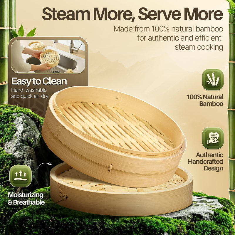 Flexzion Bamboo Steamer Basket Set (8 inch), 50 x Steamer Liners and 2 Pairs of Chopsticks, Steam Baskets for DimSum Dumplings, Rice, Vegetables, Fish and Meat 8 Inch