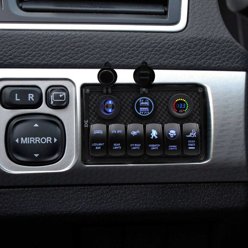FXC Waterproof Marine Boat Rocker Switch Panel 6 Gang with 4.2A Dual USB Slot Socket + Cigarette Lighter + Voltage Monitor Alarm LED Light for Car Rv Vehicles Truck