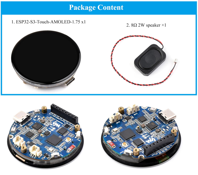 ESP32-S3 with 1.75inch AMOLED Round Touch Display Development Board, 466x466, QSPI, Type-C Interface Onboard Dual Digital Microphone Array, Support AI Speech Interaction,with 8Ω 2W Speaker