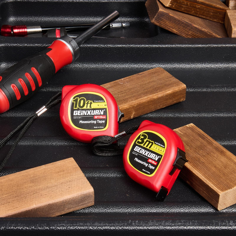 GEINXURN Set of 5 Tape Measure 3 m, ABS Plastic Housing, Steel Tape, Automatic Retraction & Lock, Robust Tape Measure with Belt Clip, Carrying Strap, Accuracy Class II for Private and Industrial 5 pieces