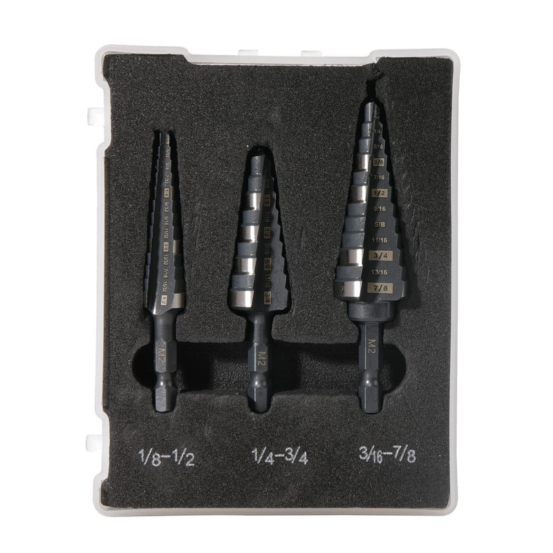 M2 HSS Quick Change 1/2", 3/4" & 7/8" Step Drill Bit Set Double Fluted Drill Bits for Hole Drilling in Stainless Steel, Copper, Aluminum, Wood, Plastic Set (1/2", 3/4" & 7/8")