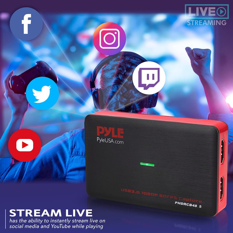 PyleUsa Video Game Capture Card Device with Video Recorder, HDMI Output, Full HD 1080P Live Streaming, USB, SD, PC, DVD, PS4, PS3, XBox One, XBox 360 and Wii - PHDRCB48