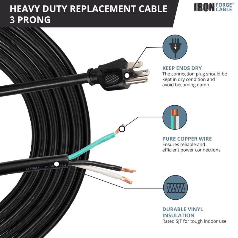 Iron Forge Cable 12 Gauge Power Cord Replacement - 15ft,15 Amp Black Heavy Duty, 12/3 SJT 3 Prong Cable - for Appliances & Power Tools, NEMA 5-15P 15 ft 12 AWG (15 Amp)