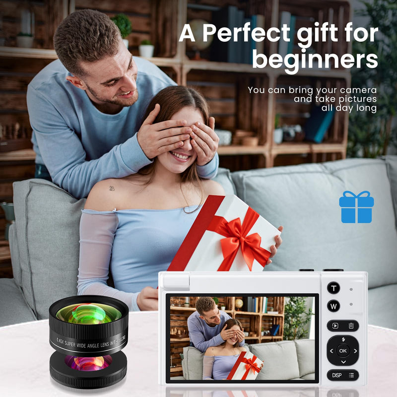 4K Digital Camera, 64MP Vlogging Camera for Photography with 3'' 180°Flip Screen,Macro and Wide-Angle Lenses,16X Vlogging Camera for YouTube with 64GB Micro SD Card for Beginner White
