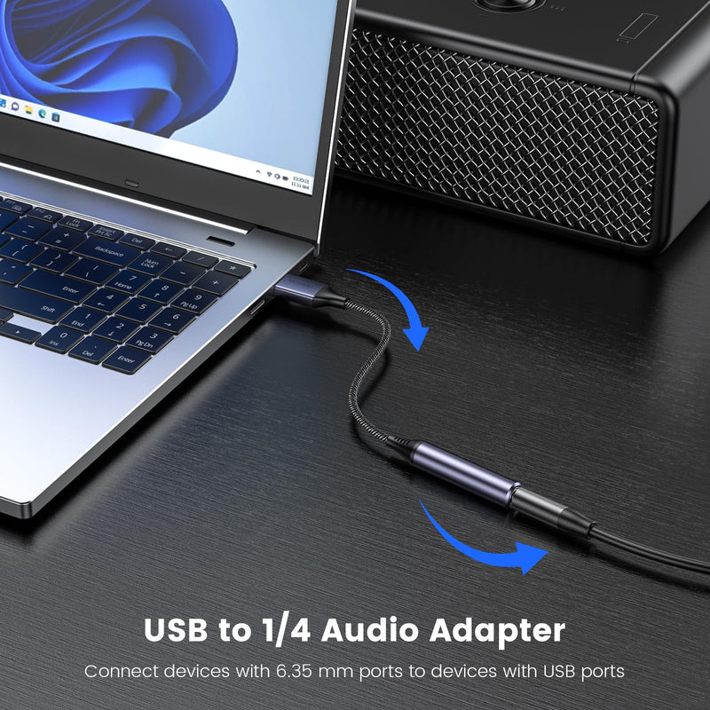 MOSWAG USB to 1/4 Jack Audio Adapter, USB to 6.35mm Female Headphone Aux Adapter with External Sound Card Compatible with Laptop, PC, Amplifier, Speaker, 6.35mm Headphone (NOT for Recording and Mic) 10 Inch/25 CM Black