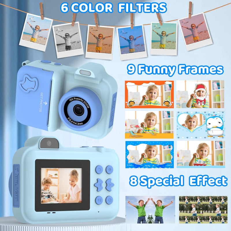 Kids Camera Instant Print,Kids Digital Camera 1080P HD Dual-Lens Selfie,Instant Print Camera with 5 Rolls Paper & 32GB Card,Toddler Camera Christmas Birthday Gifts for Boys Age 3-12 Blue