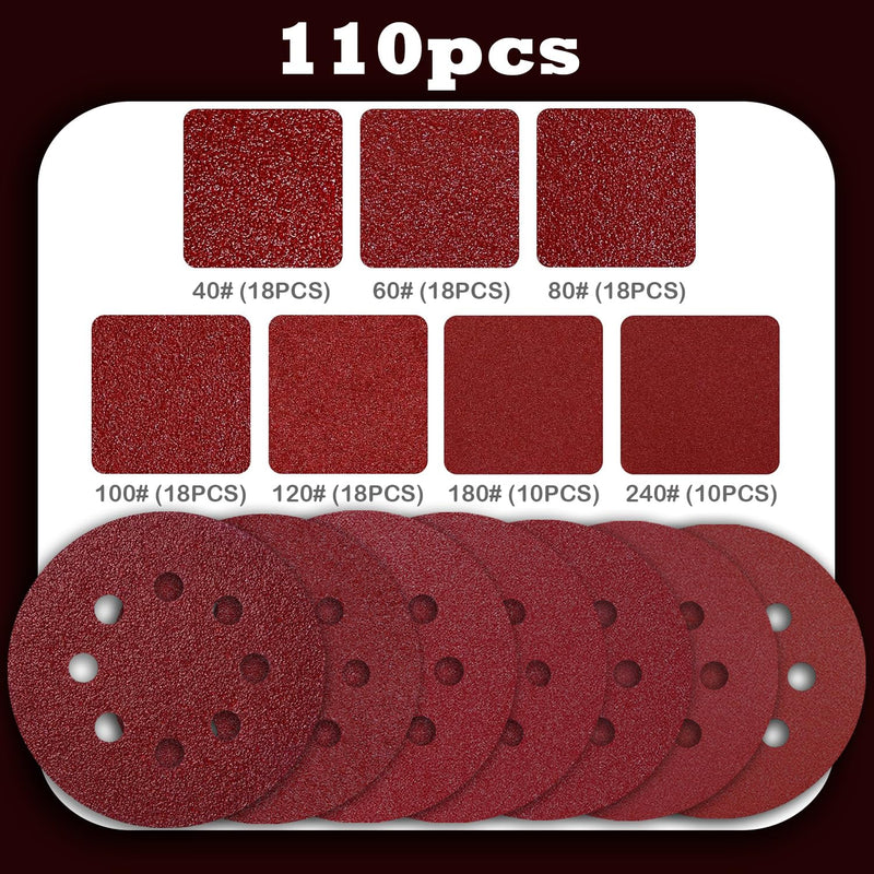 Pack of 110 Sandpaper 125 mm, Sanding Discs 125 mm 8 Holes Round (18 x P40/60/80/100/120, 10 x P180/240 Grit), Sanding Sheets for Random Orbital Sanders (Abrasion-Resistant, Does Not Release Grains)