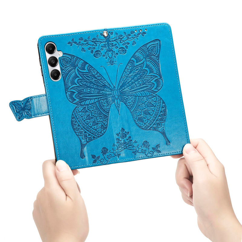 for Samsung Galaxy A15 Wallet Case, [Butterfly & Flower Embossed] Premium Leather Case Cover with Card Slots Kickstand Flip Case for Samsung Galaxy A15 (Blue) Blue
