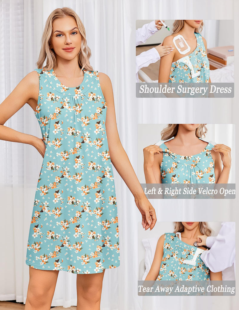 Deyeek Women's Post Shoulder Surgery Dress Tear Away Sleeveless Dress Side Full Open Chemo Port Adaptive Nightgown Green Print 3X-Large