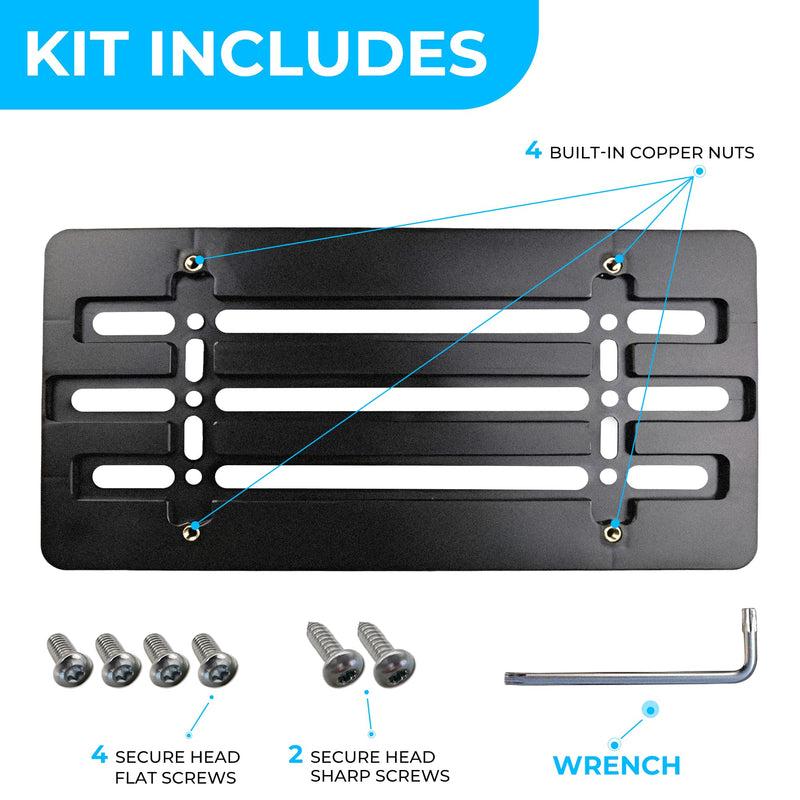 Front Bumper License Plate Bracket for Chevrolet 2000-2025, Plate Holder Set w 6 Unique Screw Bolts & Wrench Kit, License Tag Mounting Kit, Quality Plate Holders, Premium Car Accessories