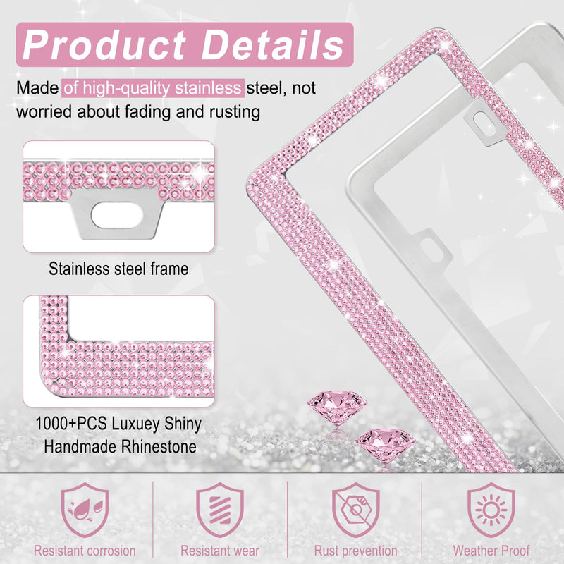 Amiss Bling License Plate Frame for Women, 1Pack Rhinestone Handcrafted Crystal Premium Stainless Steel, Stainless Steel Car Accessories with Diamond Sparkle Glitter Caps (Pink)