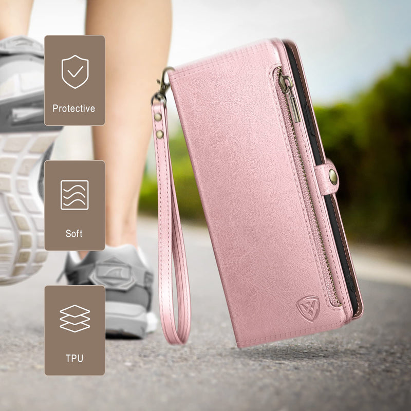 XcaseBar for Moto G 5G 2024/G Play 2024 Wallet case with Zipper Credit Card Holder【RFID Blocking】,Flip Folio Book PU Leather Phone Shockproof Cover Women Men for Moto G Play 2024 case Rose Gold