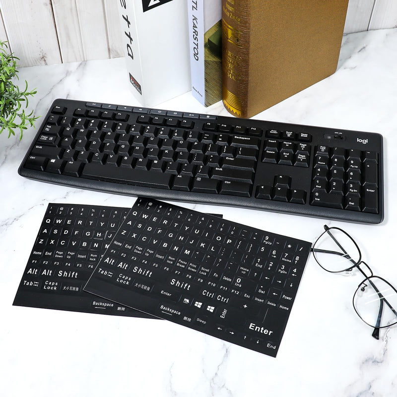 2 Pack Universal English Computer Stickers Keyboard Replacement Letters English Stickers Big Matte English Alphabet Full Set Computer Black Background with White Letteringfor Laptop Desktop