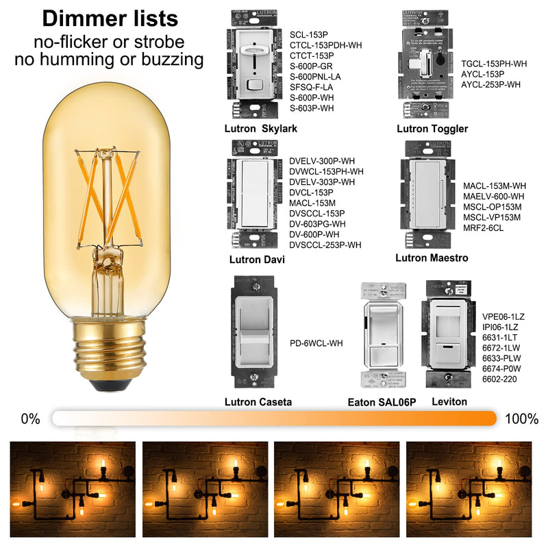 LiteHistory E26 LED Bulb 6W Equivalent E26 Bulb 60 watt Warm White 2200K Amber E26 Edison Bulb dimmable AC120V 400lm Tubular T14 T45 LED Bulb for Pendant, Sputnik,Vanity,Wall sconces Pack of 6 6w=60w 2200k Amber