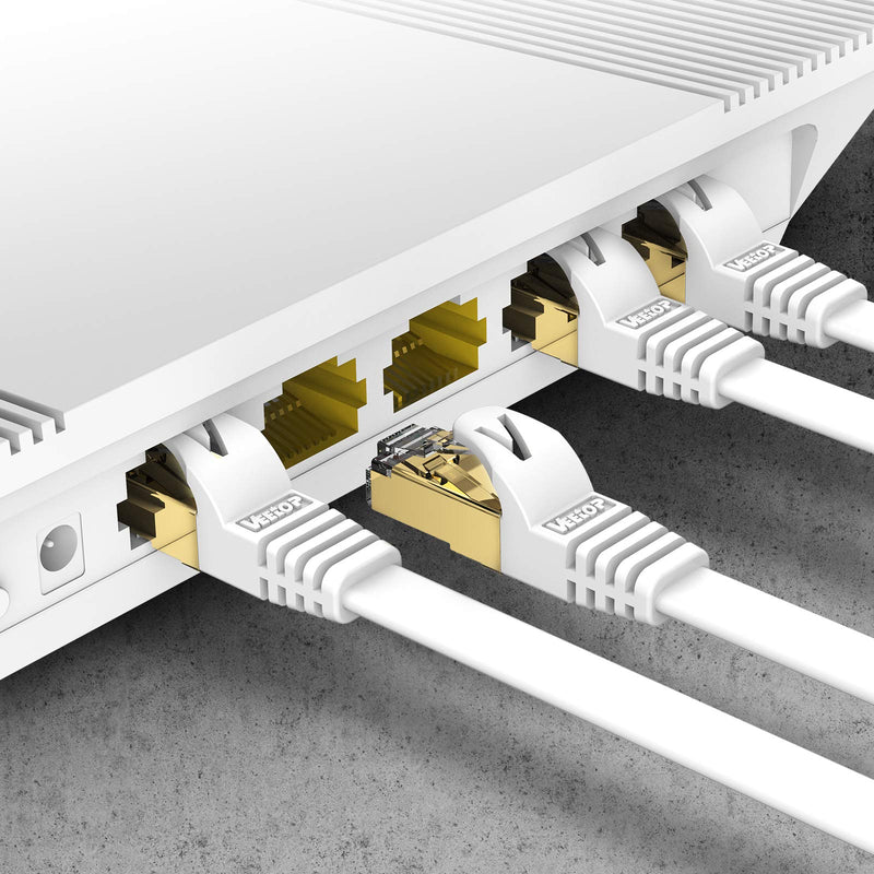 Veetop 10m Lan Cable Network Cable Cat 7 Ethernet Cable with Gold-Plated RJ45 Connector Flat and Thin with 10 Gbps Transfer Rate 10 Meters White White