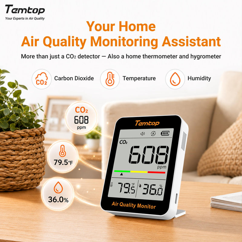 Temtop C1 CO₂ Meter with CO2 Monitor, Thermometer & Hygrometer - Precise Measurement for Air Quality in Home, Office, School Without APP CO₂ Temp. & Humidity