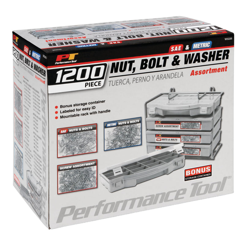 Performance Tool W5226 SEA/Metric Nut and Bolt Assortment with Case, 1,200 pieces W5226 1200pc Nut & Bolt Assortment