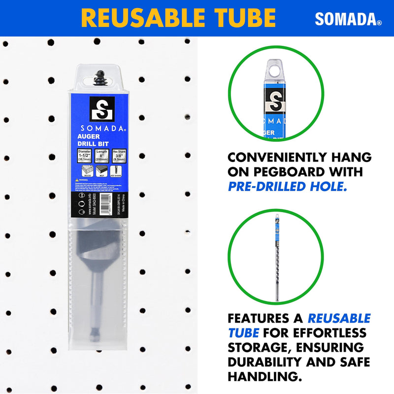 SOMADA 1-1/2-Inch x 8-Inch Auger Drill Bit for Wood, Quick Change Hex Shank 3/8-Inch One Piece, Ship Auger Long Drill Bit for Soft and Hard Wood, Plastic, Drywall and Composite Materials 1-1/2"x8" Silver