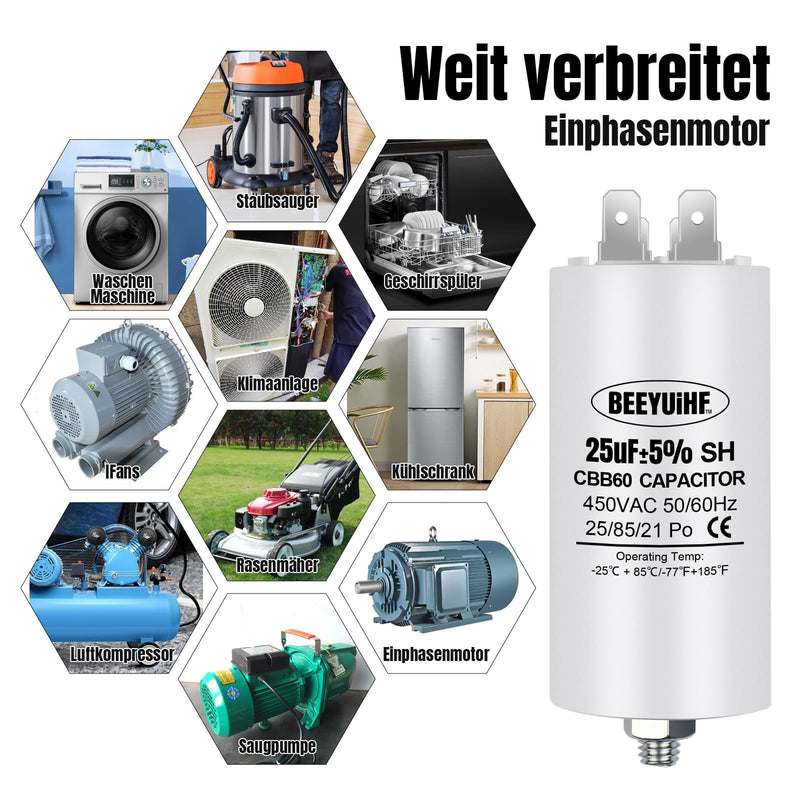 BEEYUIHF CBB60 motor capacitor 25µF 450V capacitor 50/60Hz starting capacitor 25UF motor running capacitor plug M8 for electric motor 45 x 95 mm 25µF / 25uF