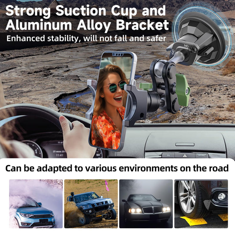 HEMMOTOP Suction Cup Car Phone Mount, 12 in Heavy Duty Metal Cell Phone Holder for Windshield, 360° Rotation Vacuum Magic Arm for iPhone All Smartphone & Cars Truck