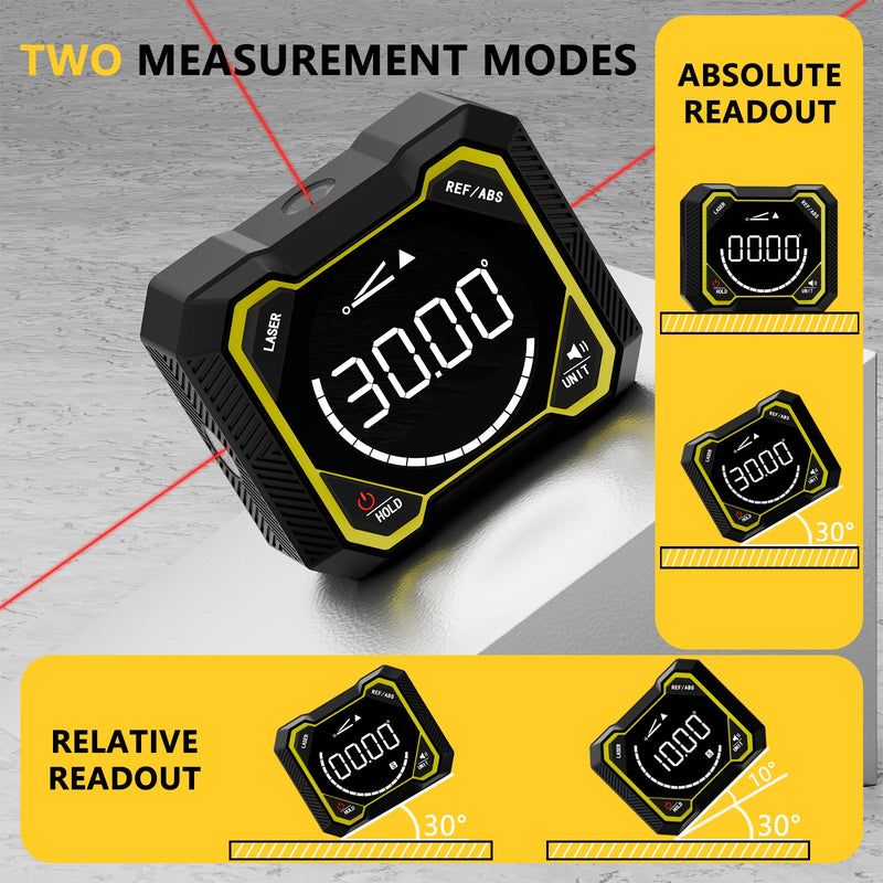 Digital Angle Finder with Laser, Magnetic Inclinometer, USB Rechargeable | 4x90° angle measurement with backlit LCD, auto-rotating display and magnetic base for woodworking, construction and DIY.