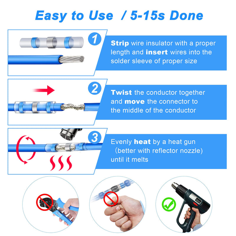 Kuject solder connector, 200 pieces heat shrink tube set, cable connector, waterproof shrink connector, crimp connector butt connector for automobile, marine, boat, 200 pieces