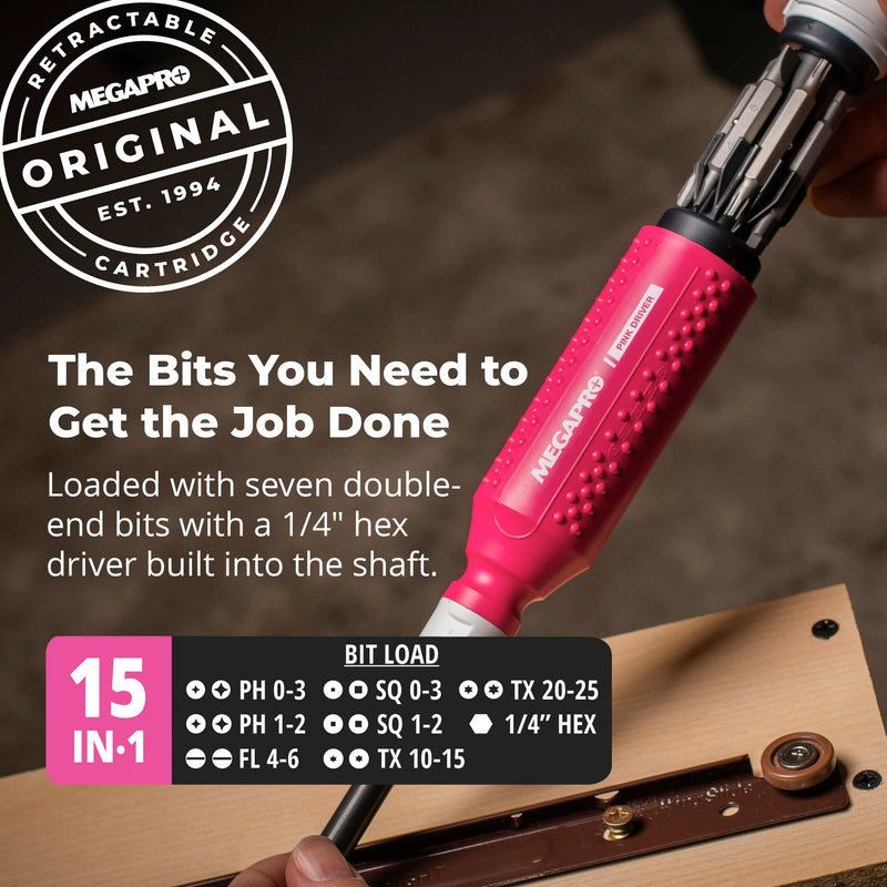 MEGAPRO® 15-in-1 Original Multi-bit Screwdriver | Home DIY & Repair | Construction | Tradeswork | 14 Industrial-grade bit tips | 1/4" Hex Drive in shaft (Pink) 15-in-1 Original Pink Multi-bit Screwdriver