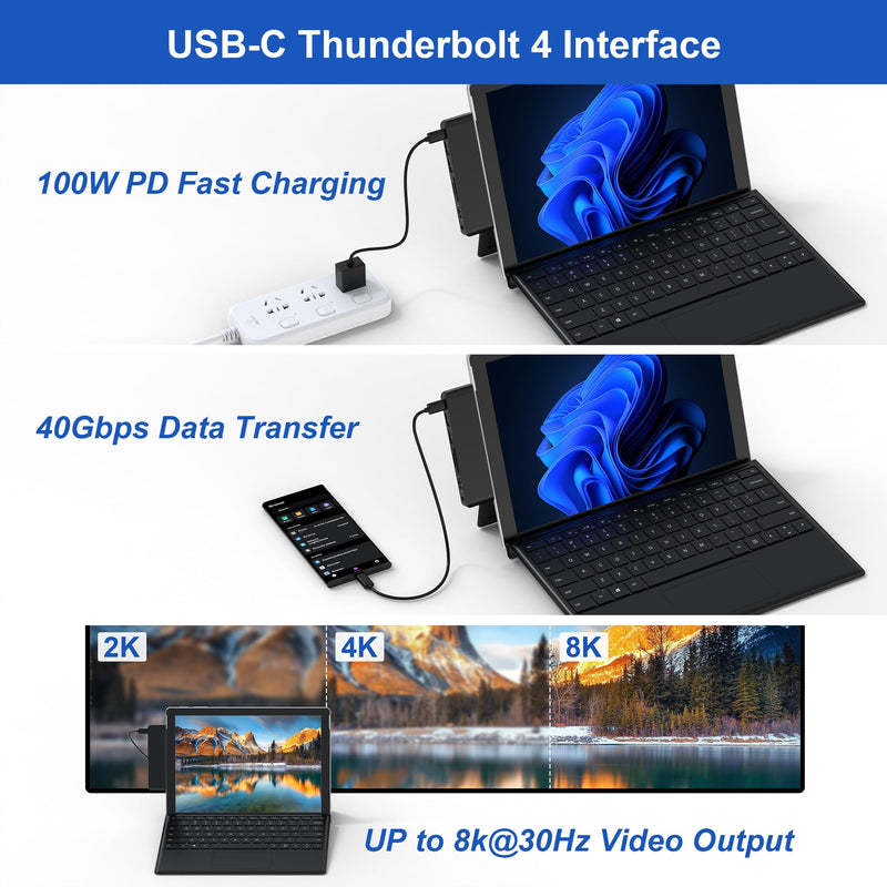 Surface Pro 9/10 Accessories - Surface Pro 9 Docking Station with Thunderbolt 4(Display+Data+100W PD), 4K HDMI, 2 USB3.0, 3.5mm Audio, SD/TF Reader, HDMI+USB C Triple Display Surface Pro 10/9/X Hub