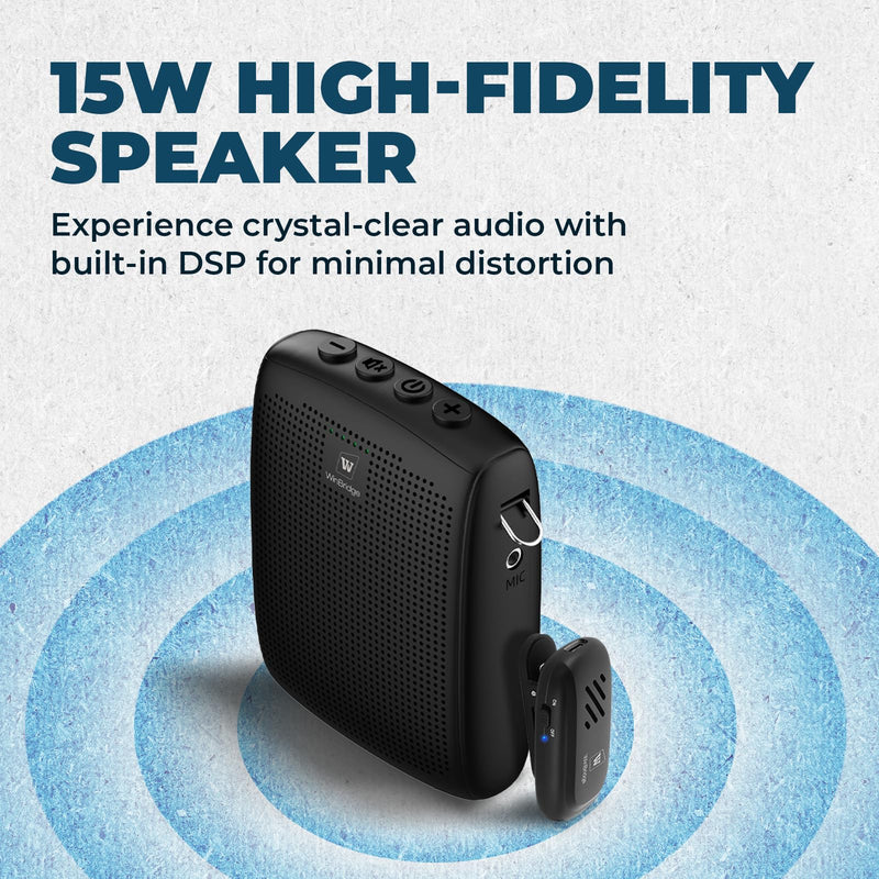 WinBridge Wireless Voice Amplifier with Bluetooth Lavalier Lapel Microphone for Teachers,Portable Speaker and Wireless Clip On Microphone System, Mini Megaphone Speaker Mic Set 15W 2600mAh WB005 WB005N