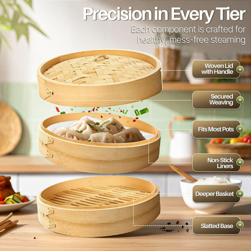 Flexzion Bamboo Steamer Basket Set (8 inch), 50 x Steamer Liners and 2 Pairs of Chopsticks, Steam Baskets for DimSum Dumplings, Rice, Vegetables, Fish and Meat 8 Inch