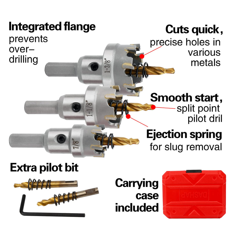 5PCS Hole Saw Kit with Case, Carbide Hole Cutter Set for Metal, TCT Hole Saw Set for Hard Metal Plastic and Wood, Within 7/8" to 1-3/8" Cutting Diameter (7/8" to 1-3/8")-5PC