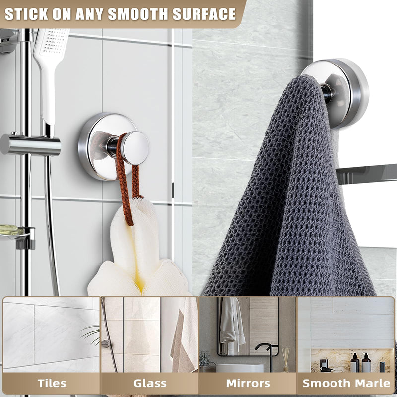 Suction Cup Hooks for Shower No-Drill Bathroom Hooks for Towels, Robes, Loofah Mountable on Bathroom Walls, Kitchen, Glass, Mirrors,Tile,Smooth Non-Porous Surfaces,Removable,4pcs,Chrome Polished 4 Chrome Polished