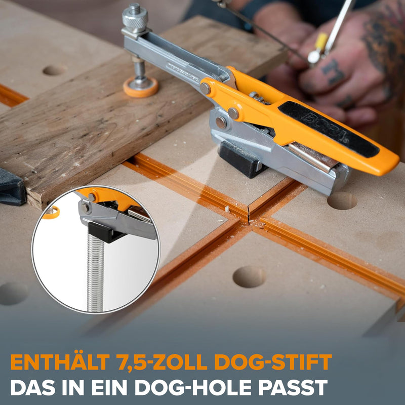 BORA Auto-Adjust Workbench Clamp | Horizontal MFT Clamp with 191mm Spiral Aluminium Dog Peg - 360° Swivel Base, 140mm Clamping Height, up to 181kg Clamping Force - For 19mm & 3/4" Dog-Hole Perforated Plates