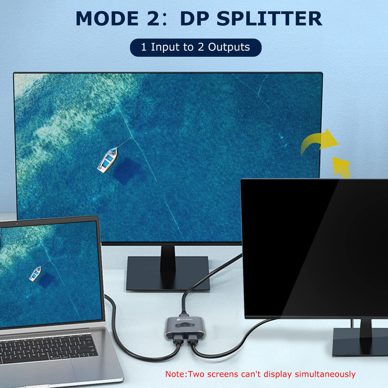 Displayport Switch 2 in 1 Out 4K@60Hz Display Port Switch Displayport Switcher DP 1.2 Bi-Directional 1 in 2 Out Switcher Compatible with TVs Monitors Laptops PC Projectors etc grey