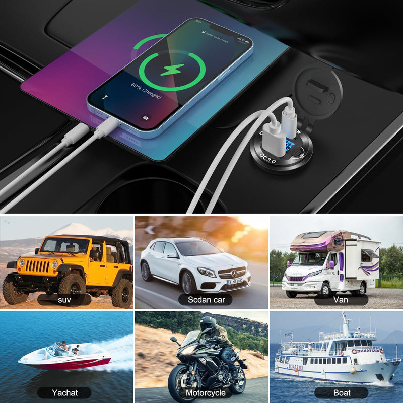12V USB Outlet Aluminum Car Charger PD65W Car USB Port for Laptops, Quick Charge 3.0 USB Port for Car, Built-in Boost 15V 20V Output Socket Waterproof with Voltmeter and Switch for RV Marine Boat, etc