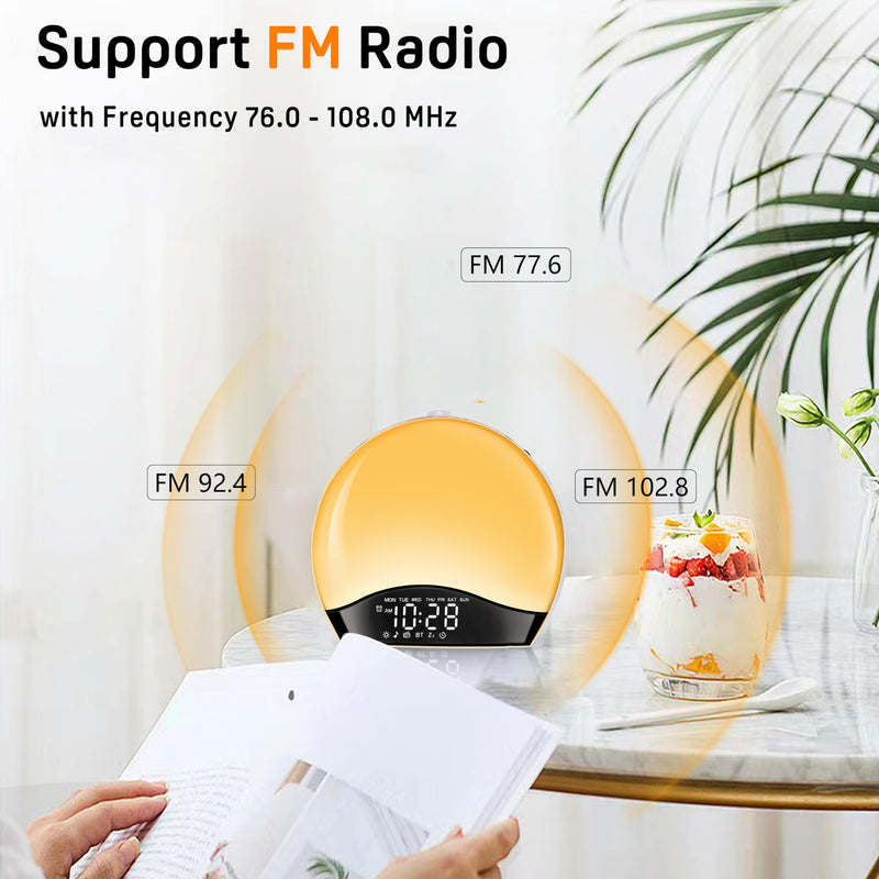 Wake Up Light Sunrise Alarm Clock for Kids, Heavy Sleepers, Bedroom, Bluetooth Speaker Sound Machine with 22 Natural Sounds, White Noise, Dual Alarms, FM Radio, 17 Color Night Lights, Ideal for Gift