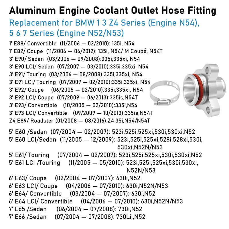 Aluminum Water Hose Fitting Replacement for BMW 1 3 5 6 7 Z4 (Engine N52 N53 N54 and N51 3.0-litre),Replace for 11537541992 11537544638