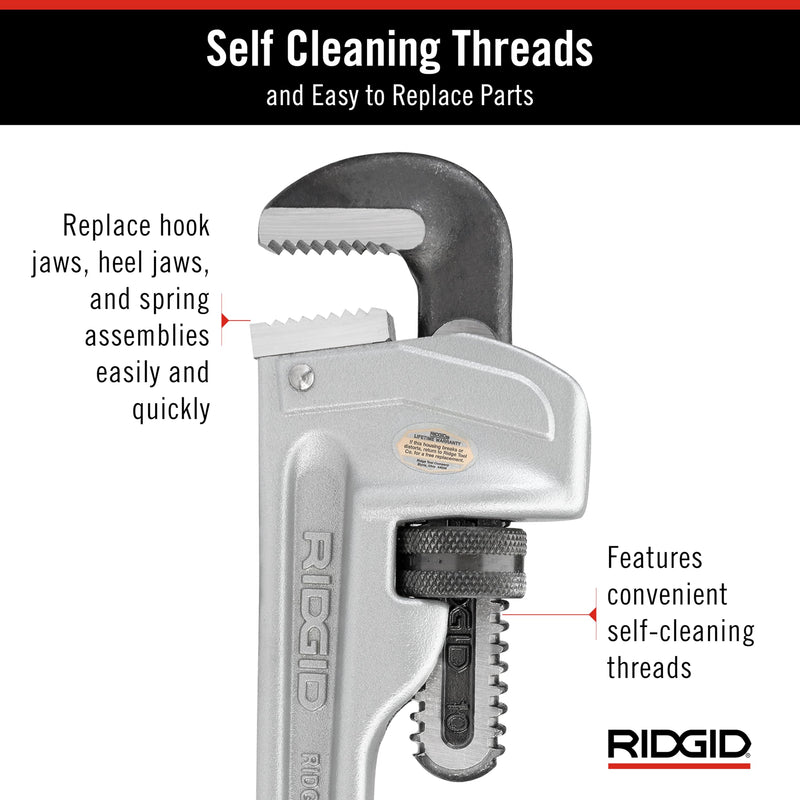 RIDGID 31090 Aluminum Straight Pipe Wrench, 10" Sturdy Plumbing Wrench with Self Cleaning Threads and Hook Jaws Small Music