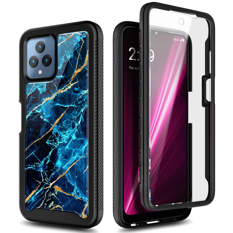 NZND Case for T-Mobile REVVL 6 5G / REVVL 6X 5G with [Built-in Screen Protector], Full-Body Shockproof Protective Rugged Bumper Cover, Impact Resist Phone Case (Marble Design Sapphire) Marble Design Sapphire