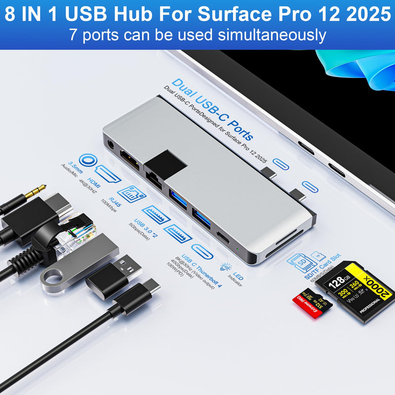 Surface Pro 12 2025 Hub USB C, Surface Pro 12 Hdmi Adapter with 4K HDMI, Thunerbolt 4 (8K Video+Data+100W PD), 2*USB 3.0, 3.5mm Audio, 1 * 100M Ethernet、SD/TF, Hub for Surface Pro 12 inch (2025) Slivery