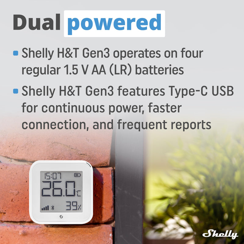 Shelly H&T Gen 3 Ivory | Wi-Fi and Bluetooth Temperature & Humidity Sensor | Home automation | No hub required | Long battery life | Wall mounting possible
