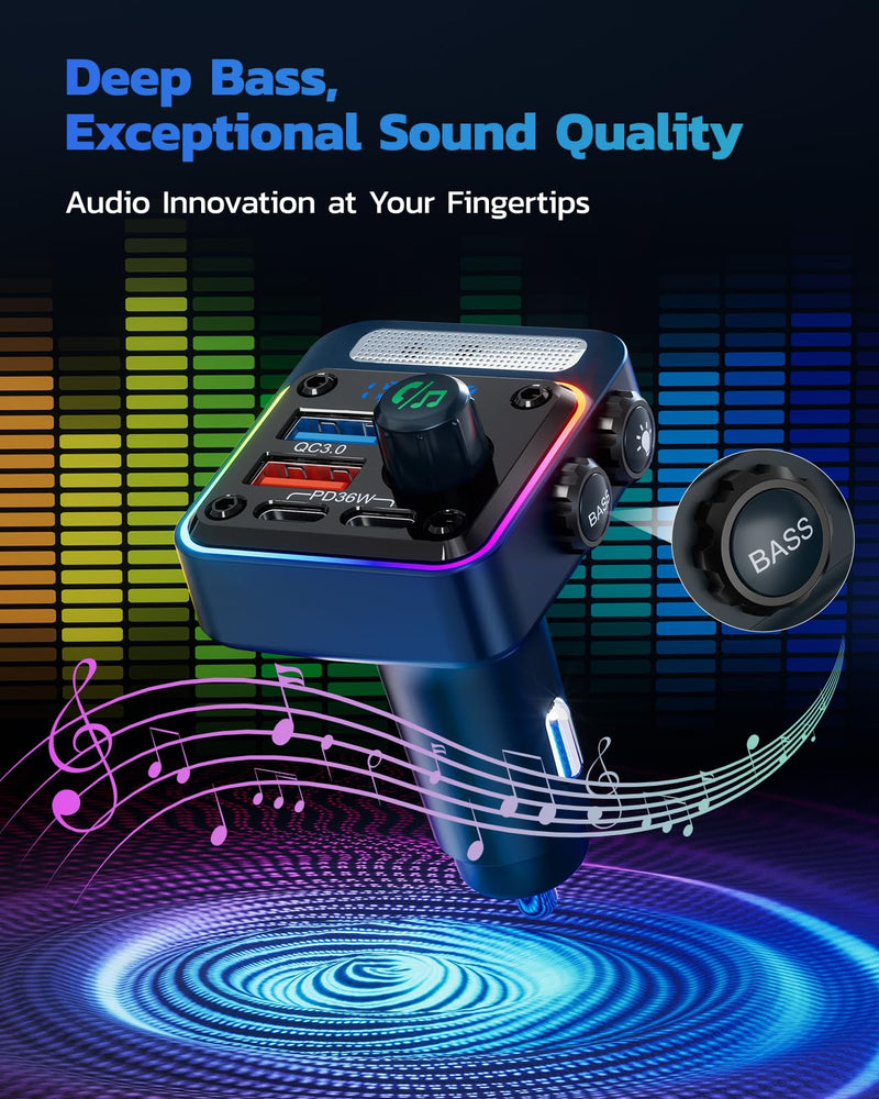 Nulaxy 54W Bluetooth 5.3 Car Adapter with 4 Charging Ports [PD 36W & QC3.0 18W], Wireless Radio FM Transmitter with Deep Bass Player & 5 Colors LED Backlit, Hands-Free Calling - NX16 Blue D-Blue