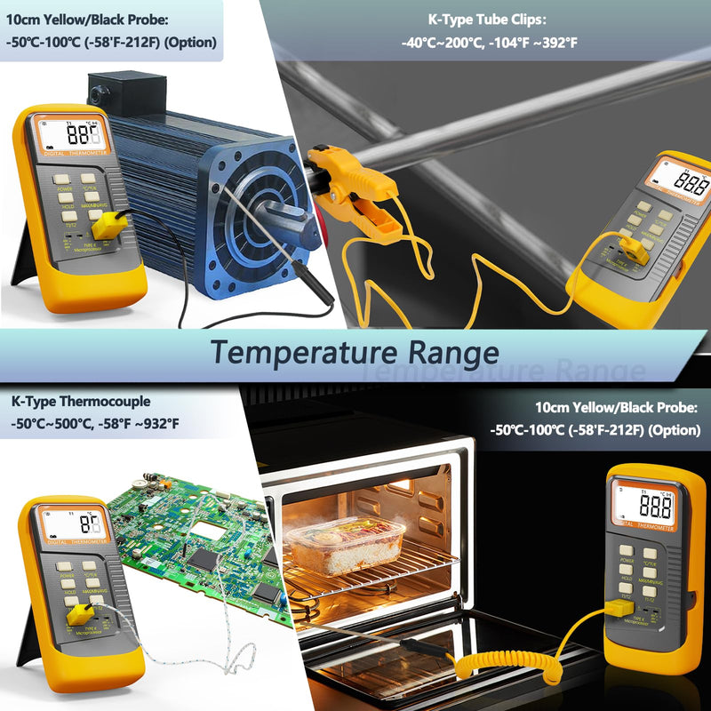Handheld Thermocouple Thermometer, 2 Channels K Type Thermocouple Probe and 4 Thermocouples, Measuring Range -50°C to 1370°C(-58°F to 2498°F),Contains 2 Stainless Steel K Type Thermocouples 6802-02