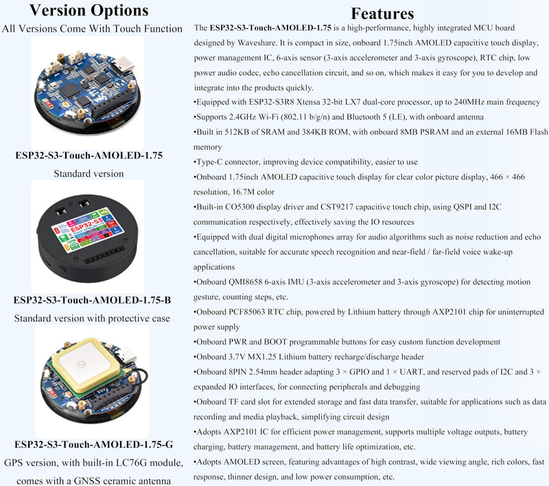 ESP32-S3 1.75inch AMOLED Round Touch Display Development Board, 466×466 Pixels, QSPI Interface, Onboard Dual Digital Microphone Array, Supports AI Speech Interaction, with Speaker and Case