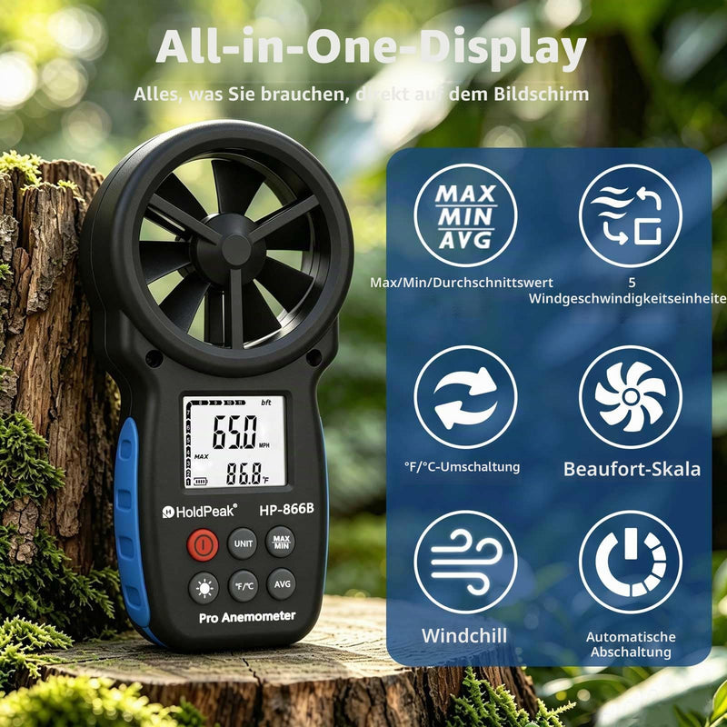 Anemometer Wind Gauge, Digital Wind Speed Meter, Wind Speed/Wind Cooling, ℃/℉, Max/Min/Average/Real-time Measurement with LCD Backlight