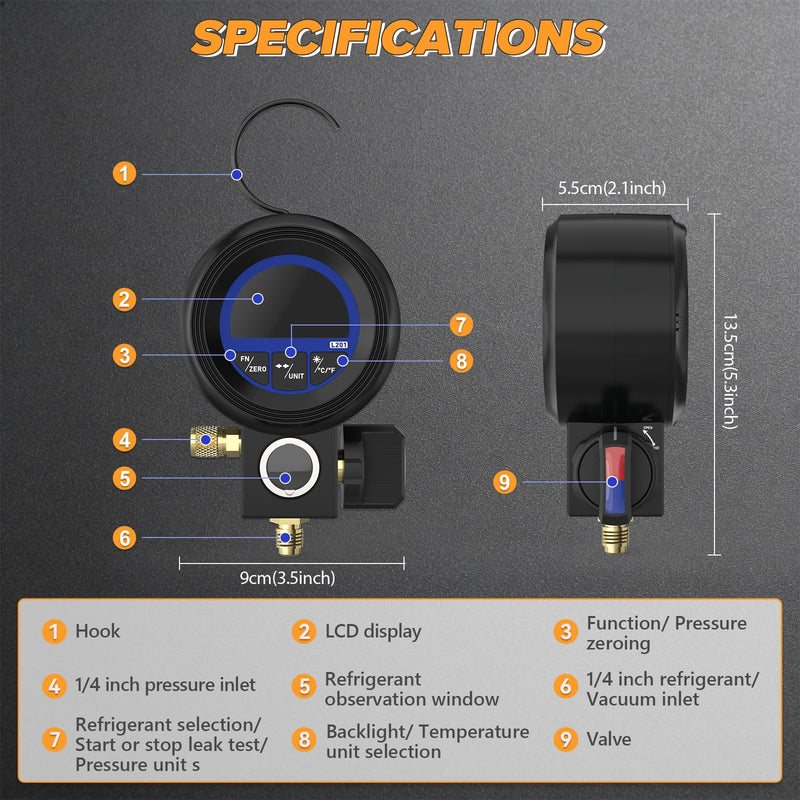 Digital Air Conditioning Pressure Gauge, Pressure Vacuum and Leaks | Refrigerant filling, compatible with 24 refrigerant types R32 R1234yf R134a, ±0.5% FS accuracy, digital vacuum gauge