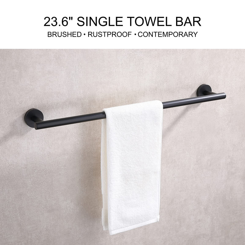 TASTOS 23.6 Inch Bath Towel Bar Matte Black, Premium SUS304 Stainless Steel Round Style Bathroom Heavy Duty Holder, Kitchen Rod, Wall Mount With Screws Rack