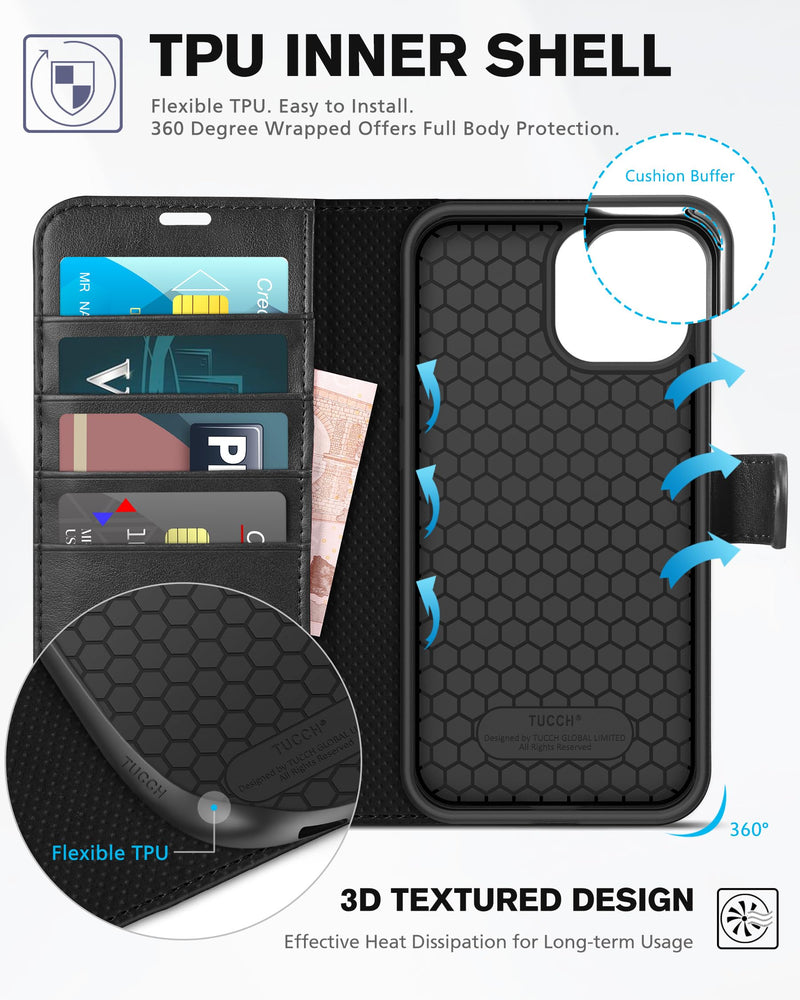 TUCCH Case for iPhone 13 Pro Max 5G, Shockproof TPU Synthetic Leather Case [RFID Blocking] Wallet, Stand Function Magnetic Clasp Cover Compatible with iPhone 13 Pro Max (6.7 inch, 2021) – Black